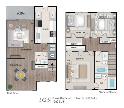 Floor plan for 3 beds, 2.5 baths, 1260 sqft